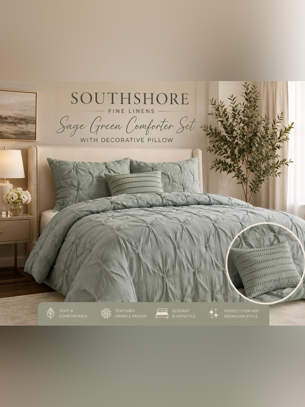 SouthShore Fine Linens Sage Green Textured Comforter with pillow